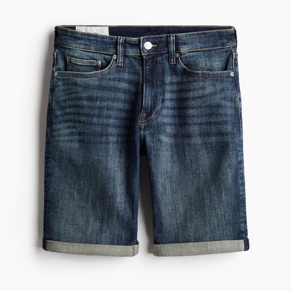 H&M NWT Men Slim Fit Denim Shorts Dark Wash Size 42 Roll Up Details - Picture 4 of 10